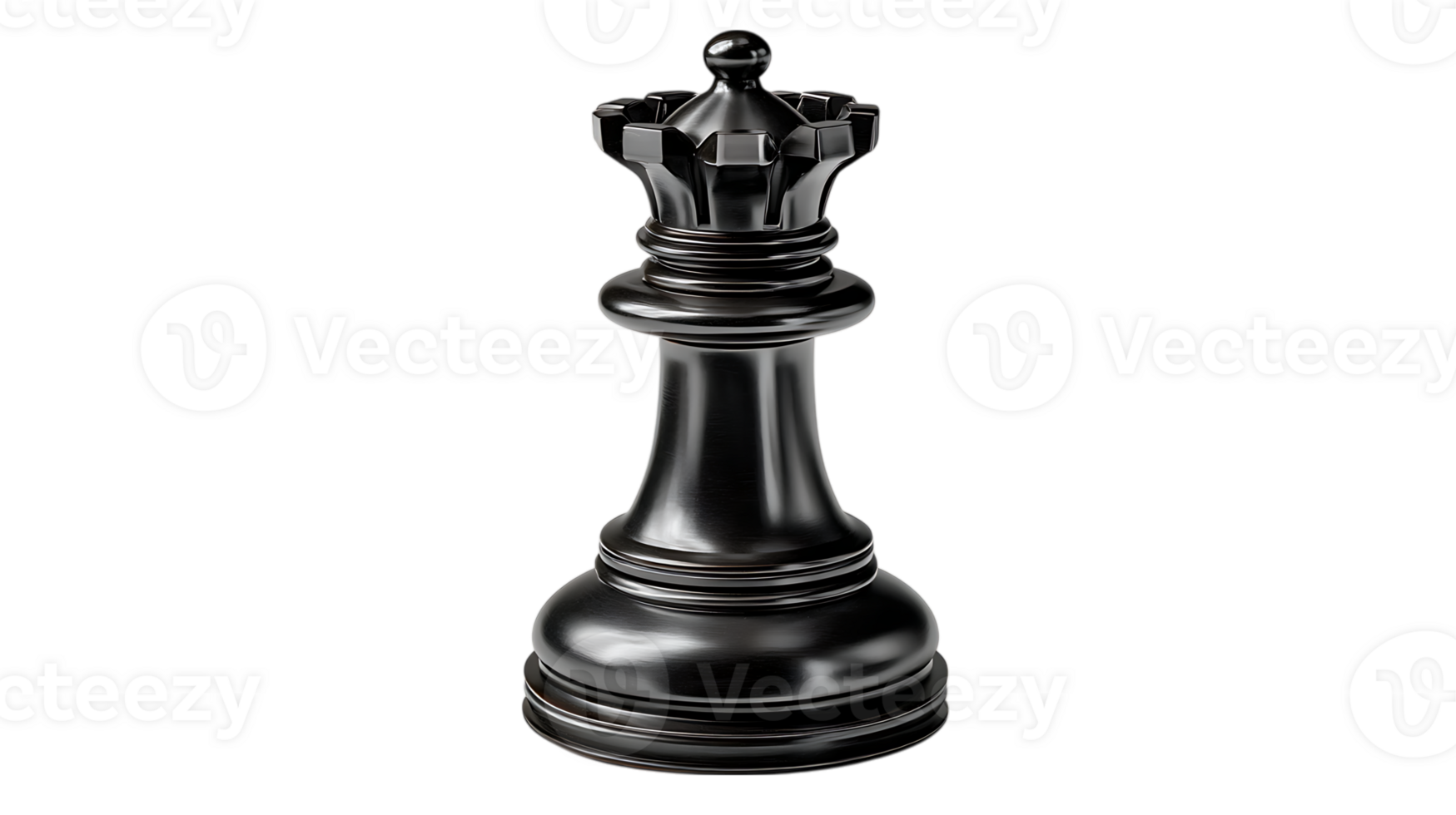 A detailed dark metallic chess queen piece standing elegantly on a transparent background isolated on transparent background png