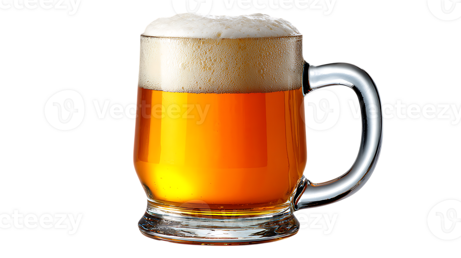 A refreshing glass mug filled with golden amber beer and topped with a frothy white head isolated on transparent background png