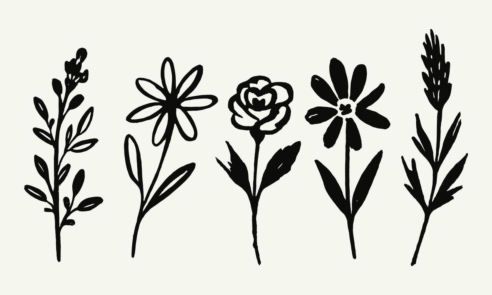 Minimal Black Wildflower Doodle Set Hand Drawn Floral Collection vector
