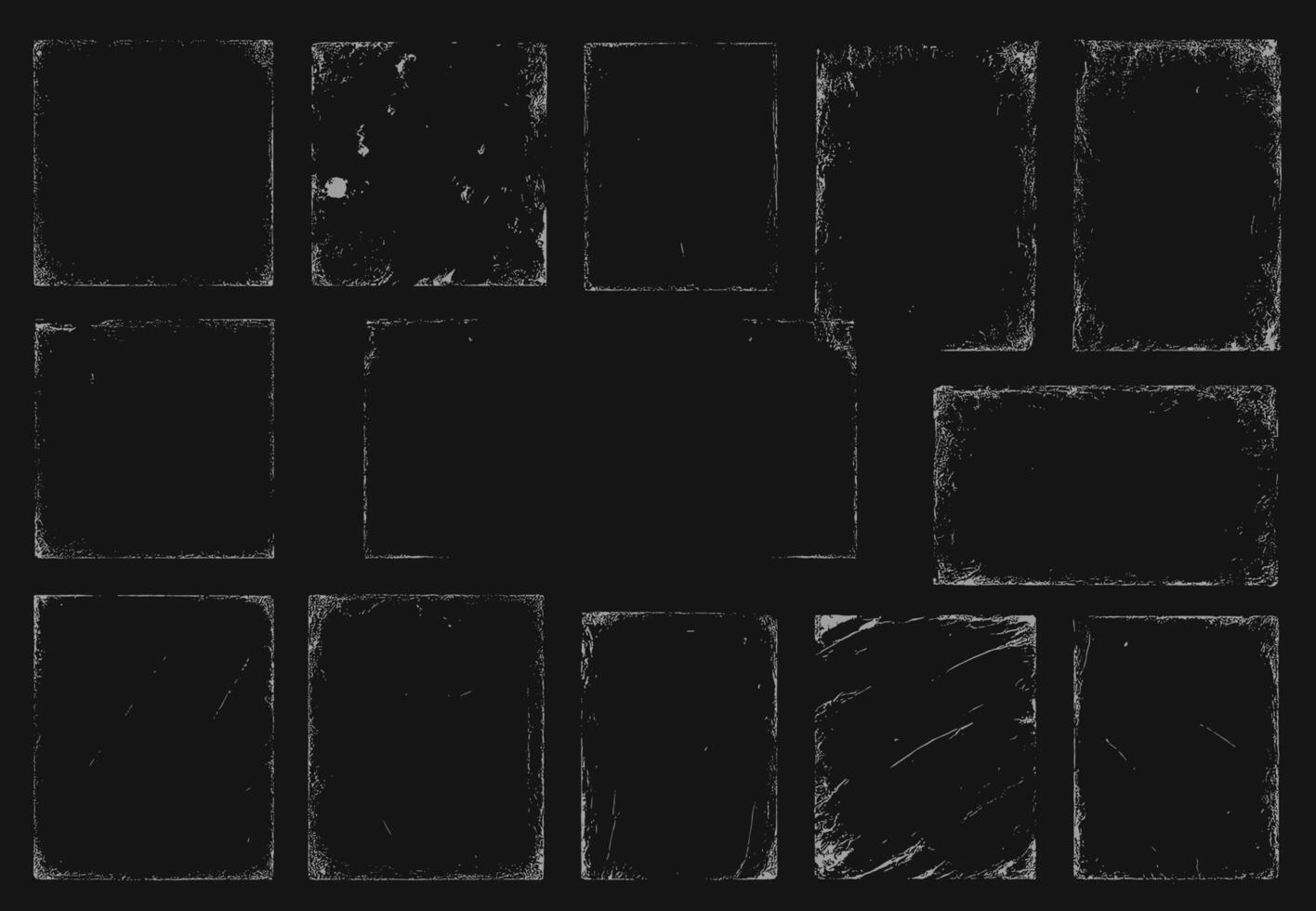 Collection of grunge overlay paper texture, damaged photo frame, distressed ink brush edge, retro vintage border, dirty scratched surface background set for poster or banner design vector