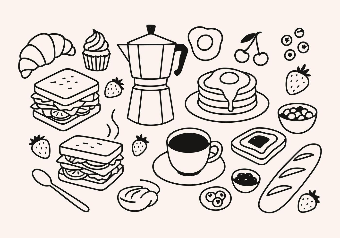 Breakfast Doodle Set Hand Drawn Food and Coffee Collection vector