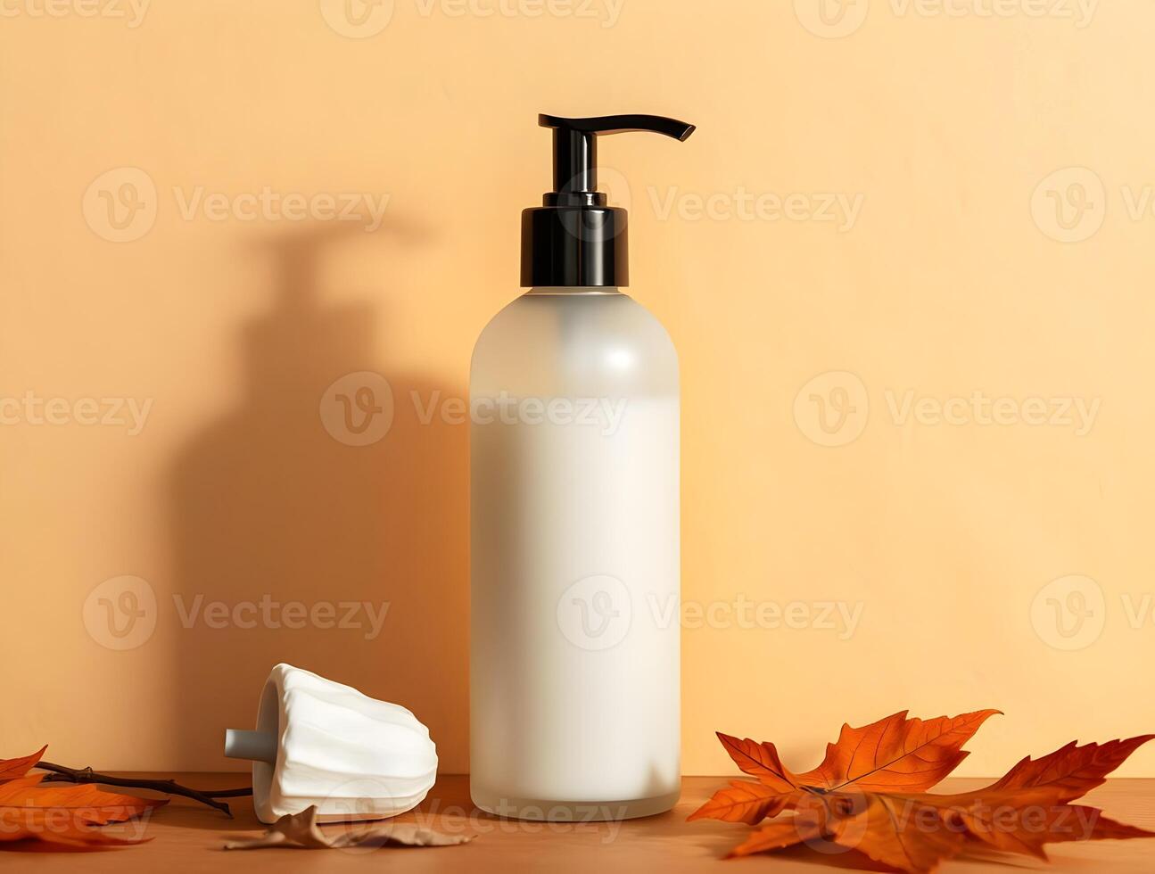 Frosted Glass Pump Bottle with Autumn Leaves Lotion Cream or Soap Dispenser Product Photography photo