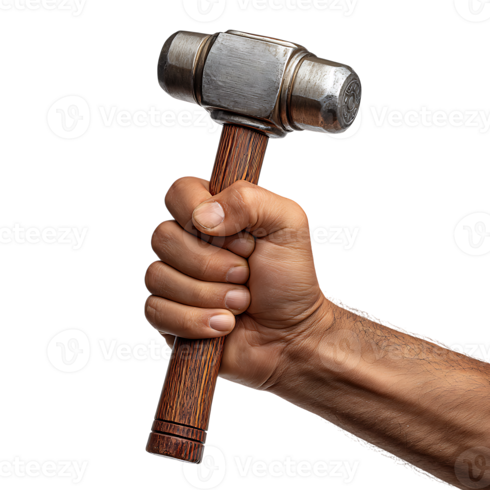 A strong hand firmly grips a metal and wood hammer ready for work isolated on transparent background png
