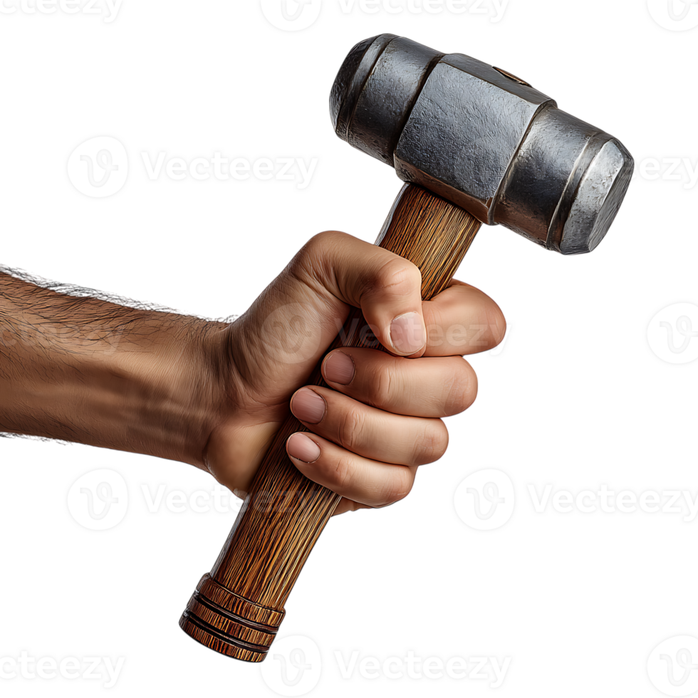 Close up of a strong hand holding a heavy metal sledgehammer with a wooden handle isolated on transparent background png