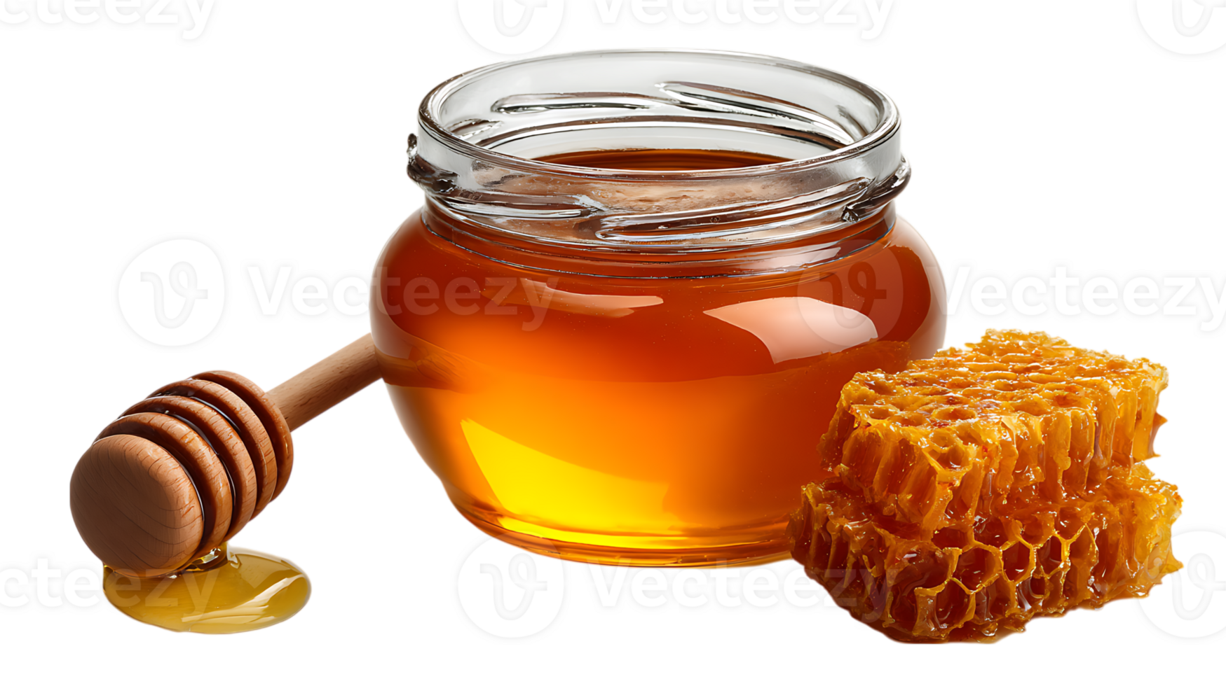 Golden honey in a glass jar with honeycomb and dipper isolated on transparent background png