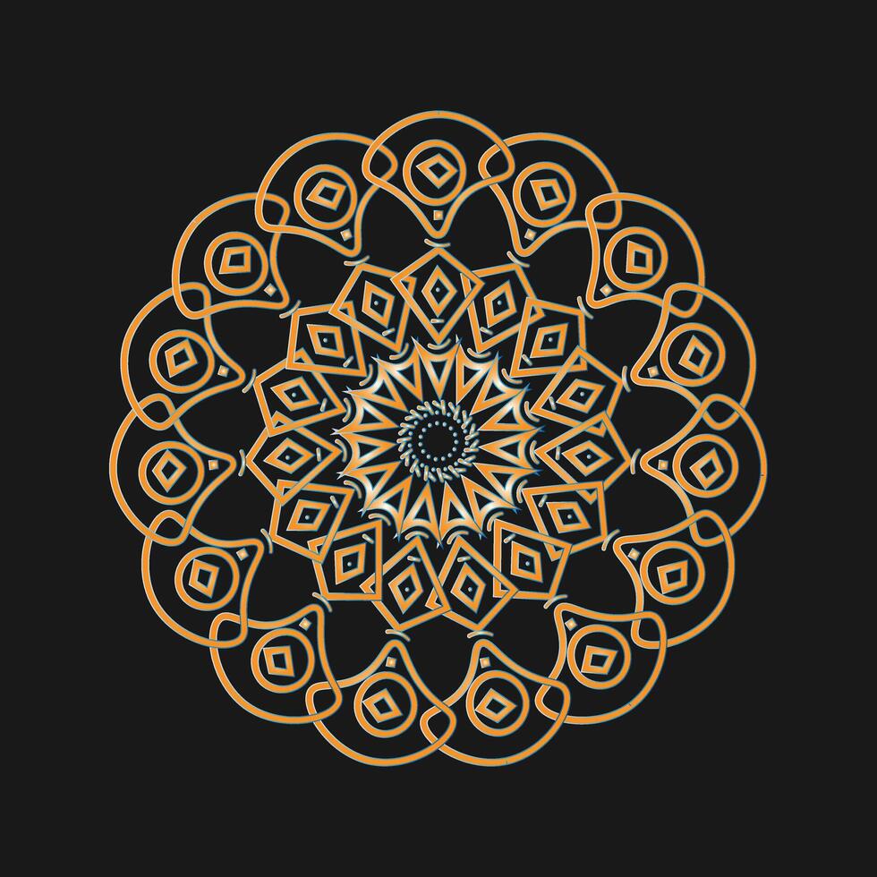 Intricate orange geometric mandala pattern with diamond shapes on a black background vector