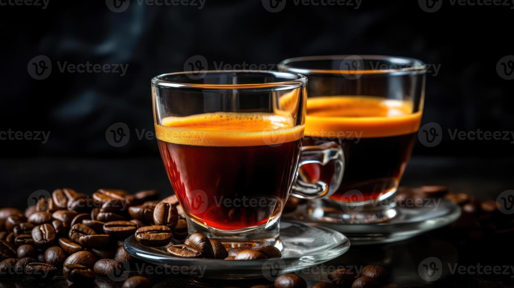 Two cups of coffee with beans, dark and rich. photo