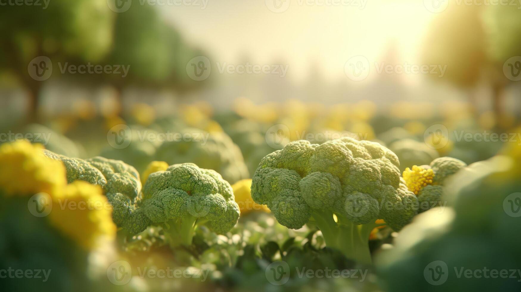 Broccoli field bathed in golden sunlight. photo
