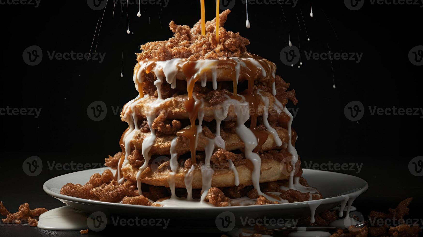 Stacked cinnamon rolls drizzled with icing, a sweet treat. photo
