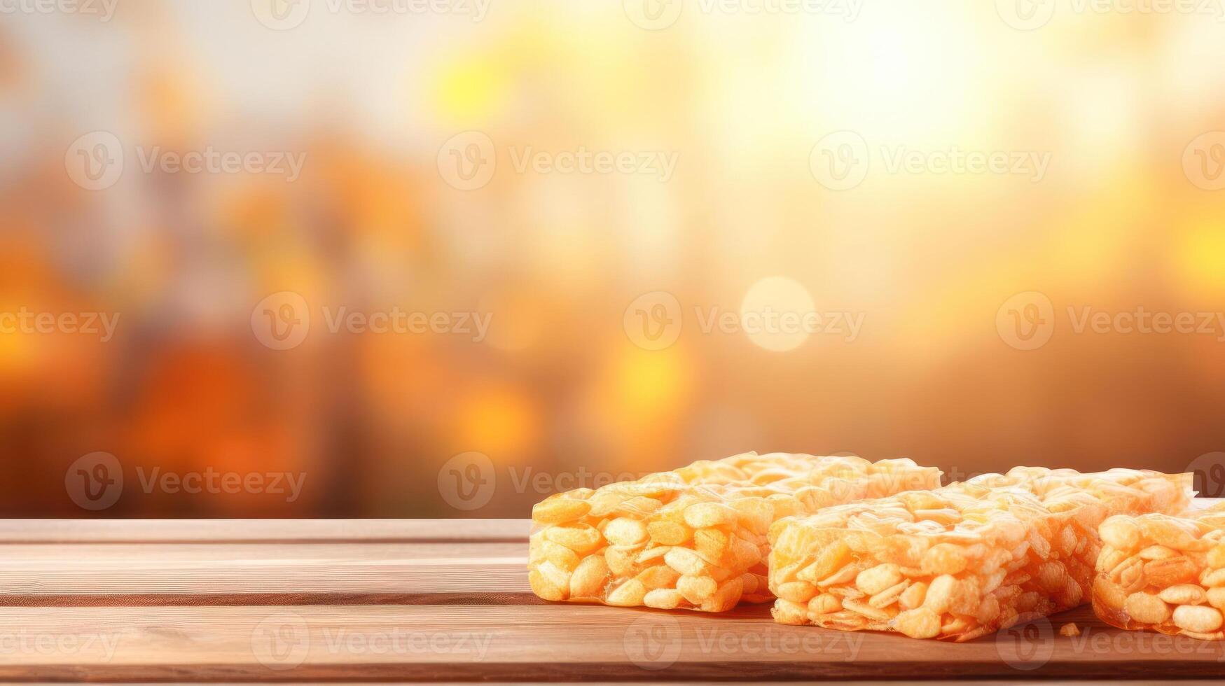 Rice crackers on a wooden surface with blurred background. photo