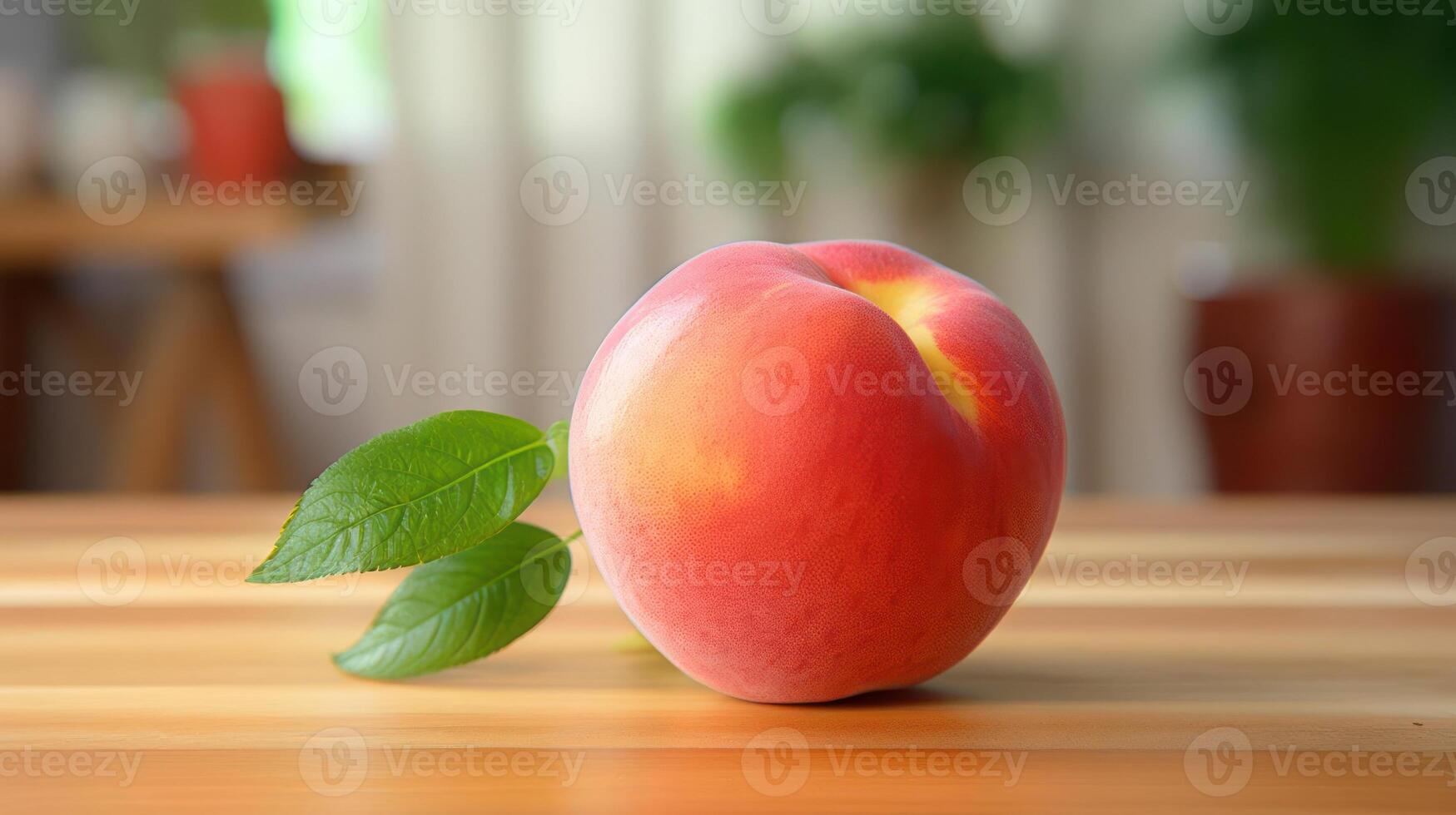 A juicy, ripe peach with a vibrant green leaf. photo