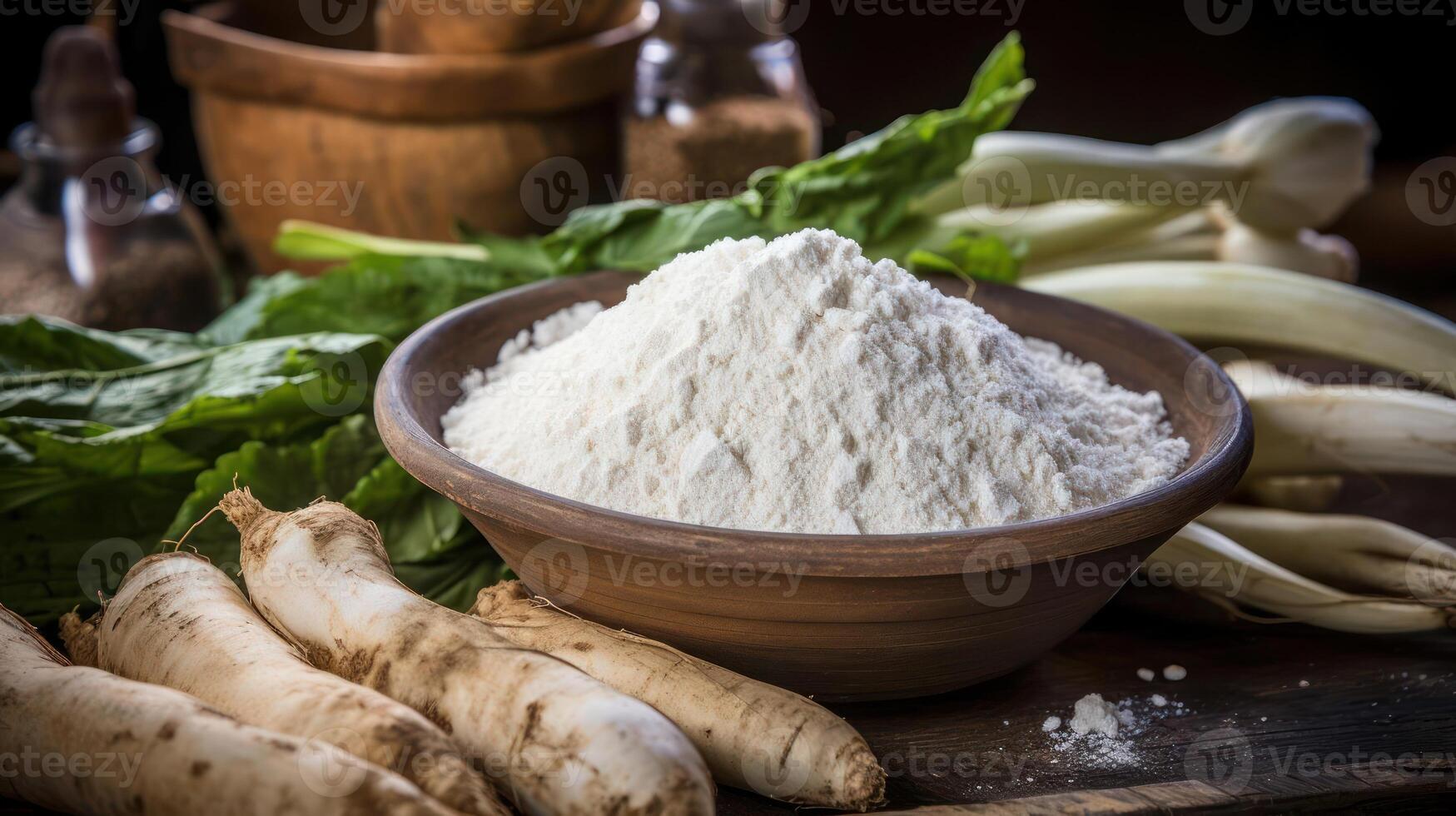 Flour in a bowl with roots and greens. photo