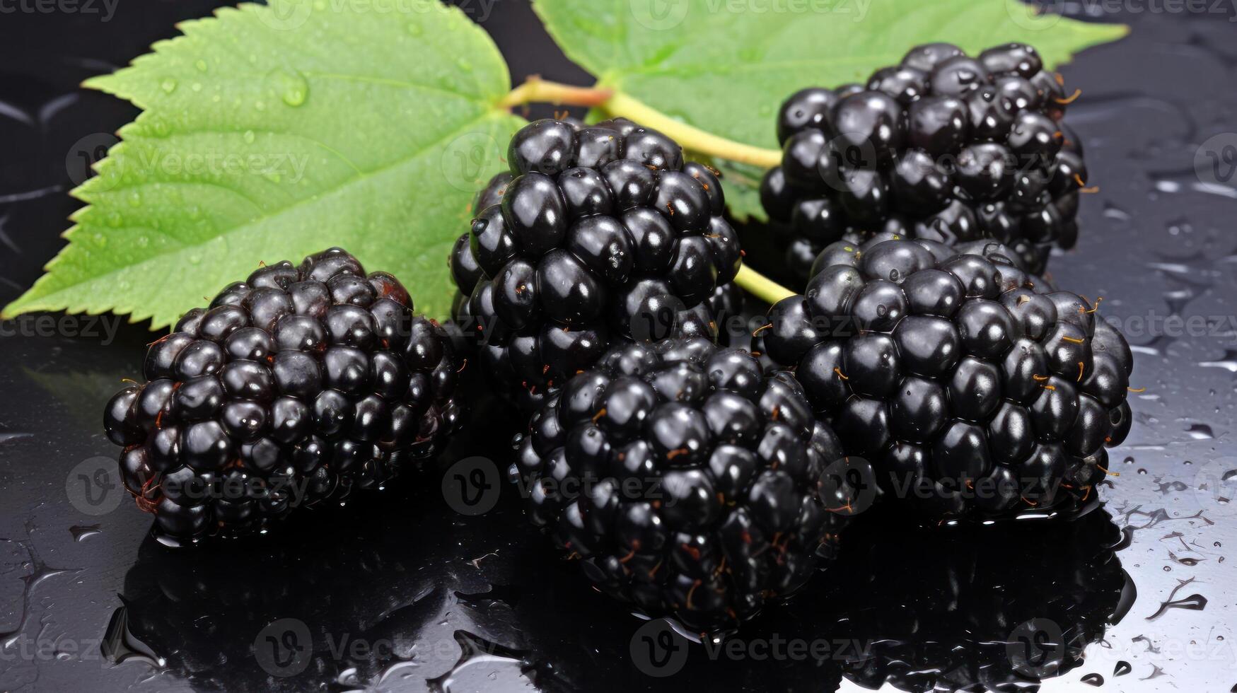 Fresh blackberries with a vibrant green leaf, glistening with water. photo