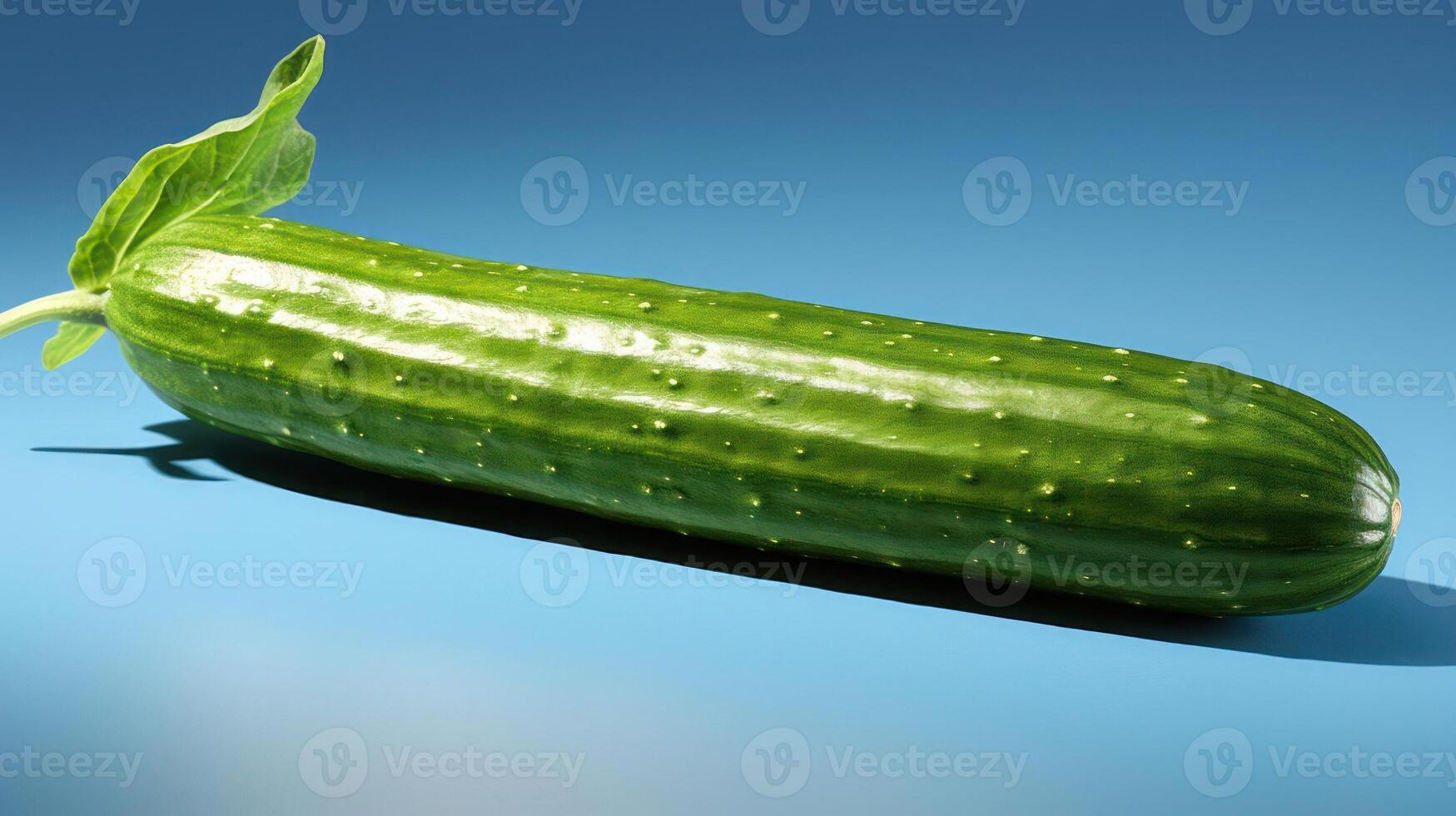 Fresh green cucumber with leaves on a blue background. photo