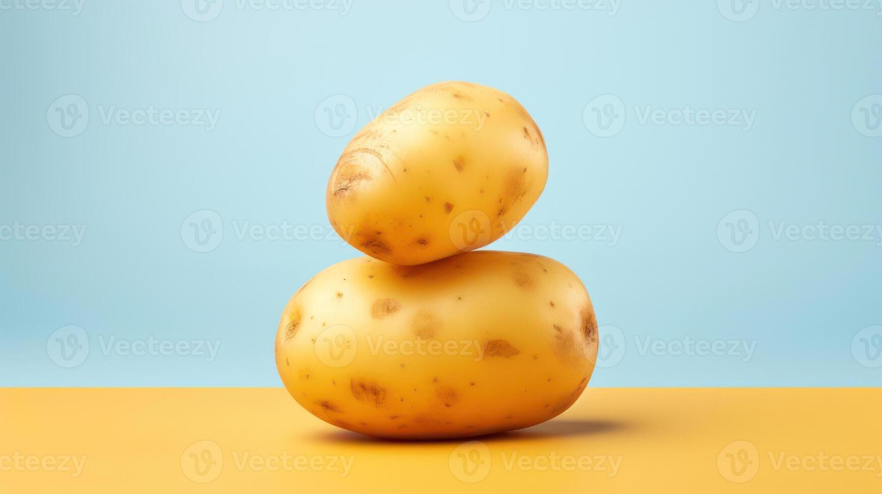 Two potatoes stacked on a yellow surface with a blue background. photo