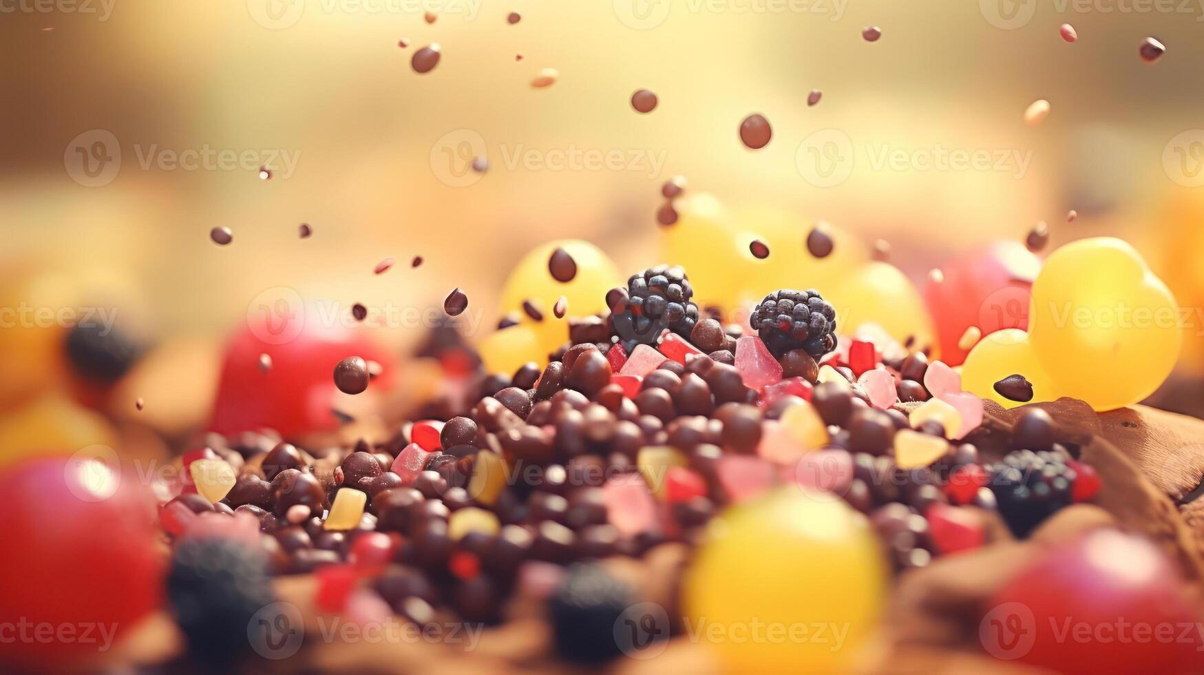 Colorful fruit mix with berries, candies, and a vibrant background. photo