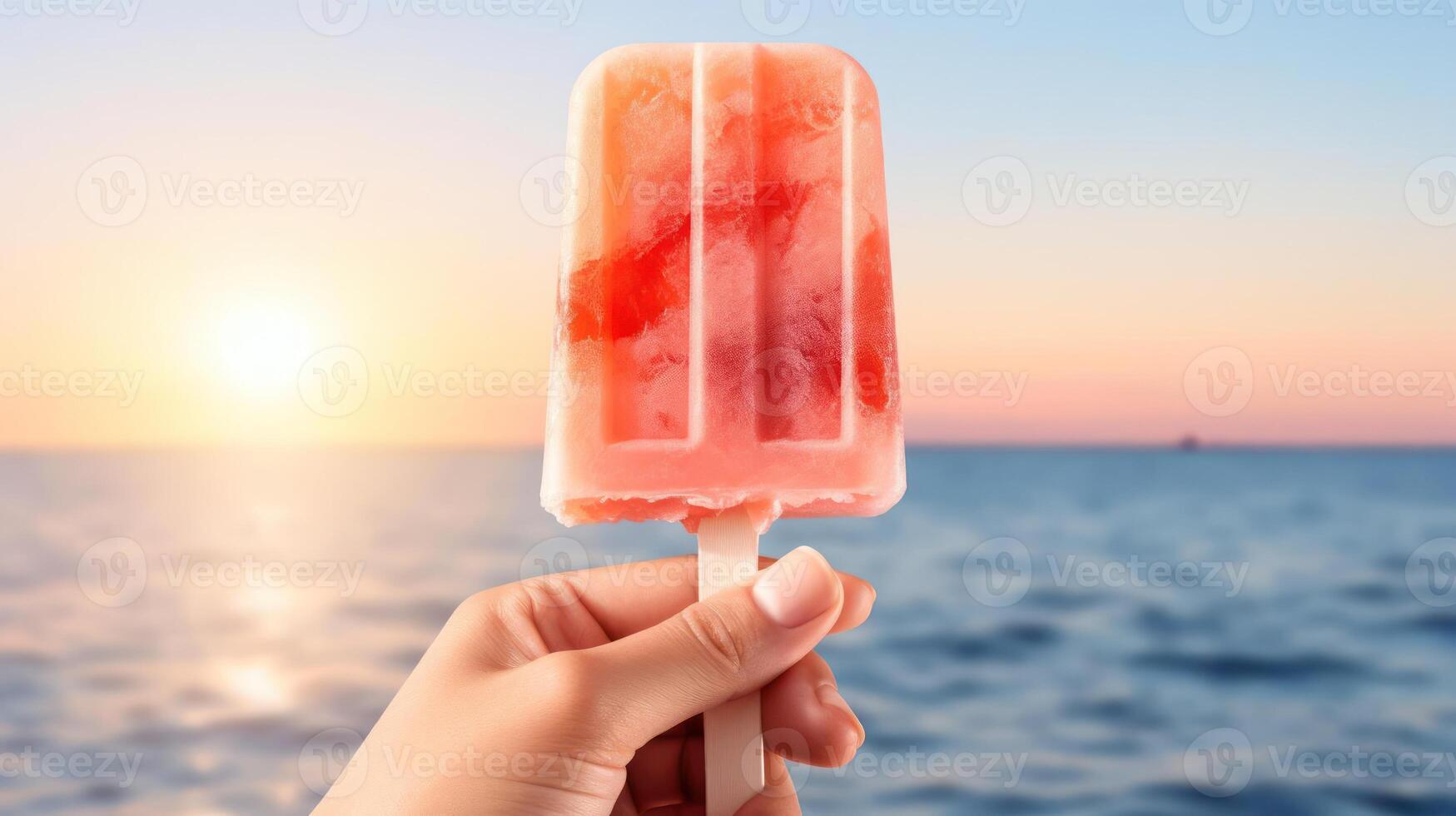Refreshing popsicle held against a beautiful sunset over the ocean. photo
