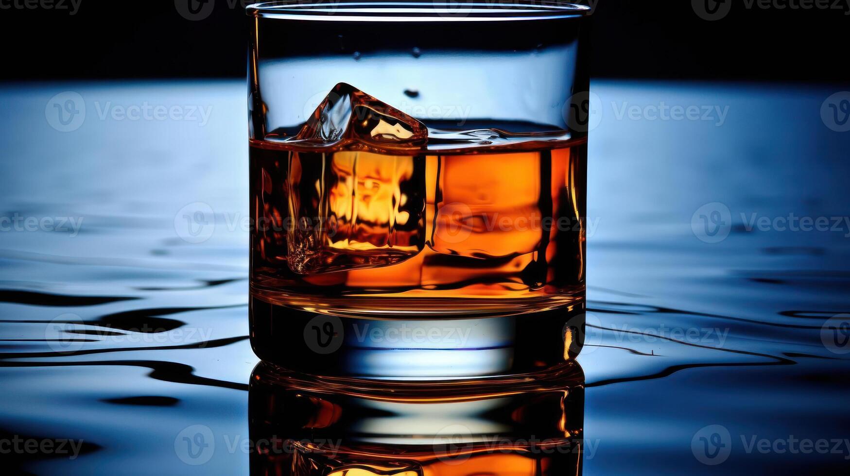 Glass of liquid with ice, reflected in water. photo