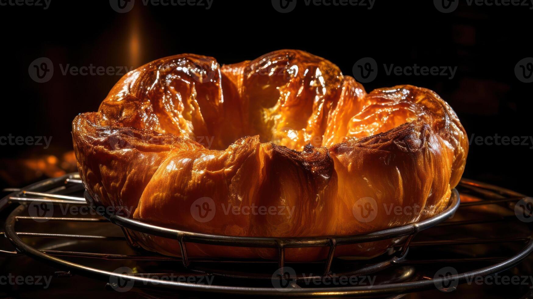 Golden glazed cake on a wire rack, baking in oven. photo