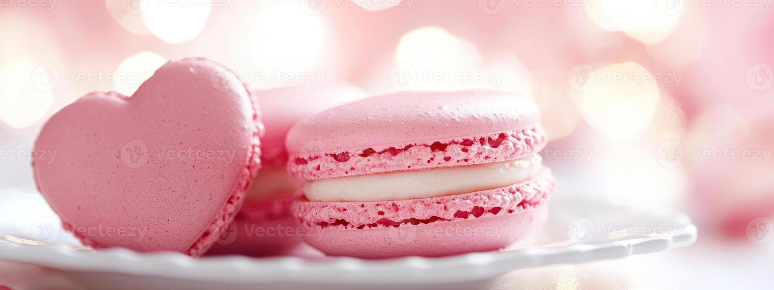 Delicate pink macarons on a plate, close-up view. photo