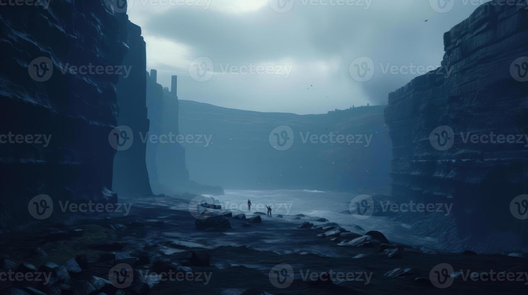 Eerie blue canyon landscape with distant figures. photo