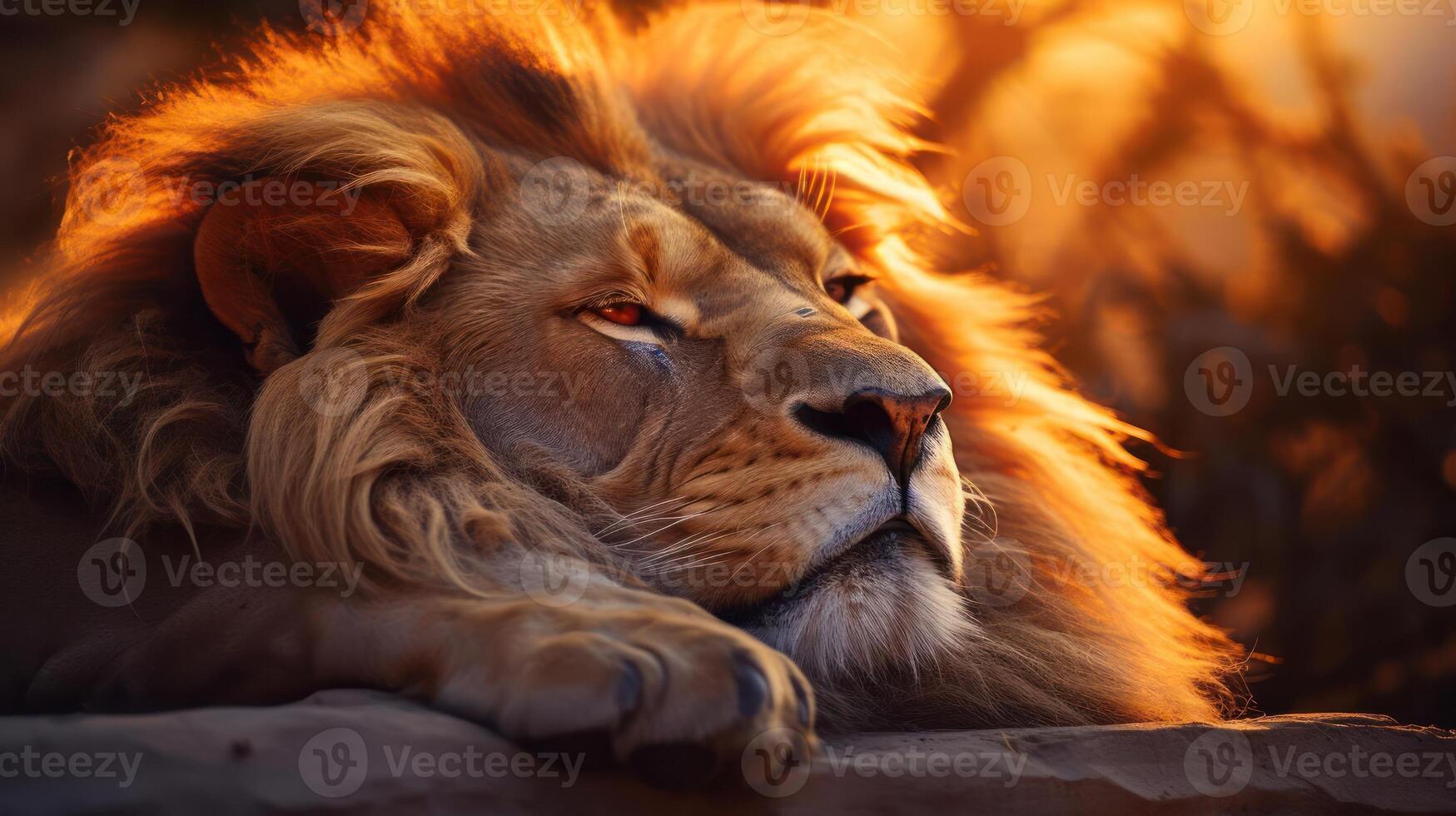 Majestic lion resting, bathed in golden light. photo