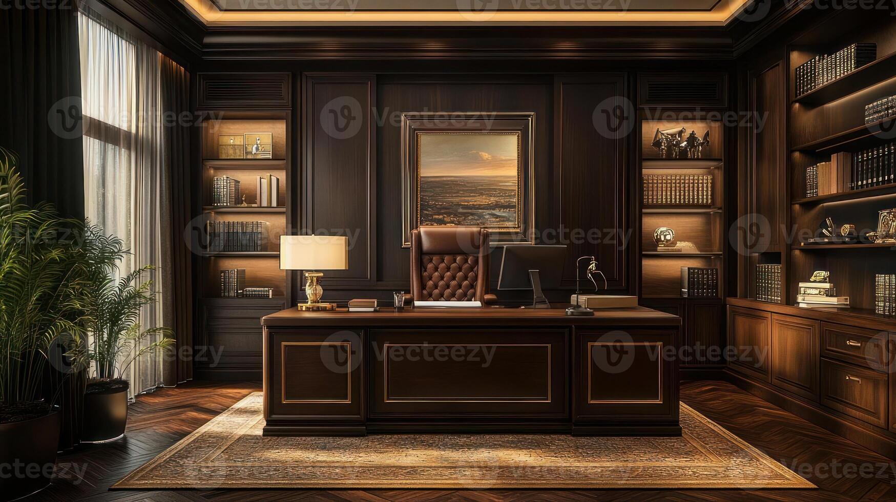 Luxurious executive study with dark wood paneling and a view. photo