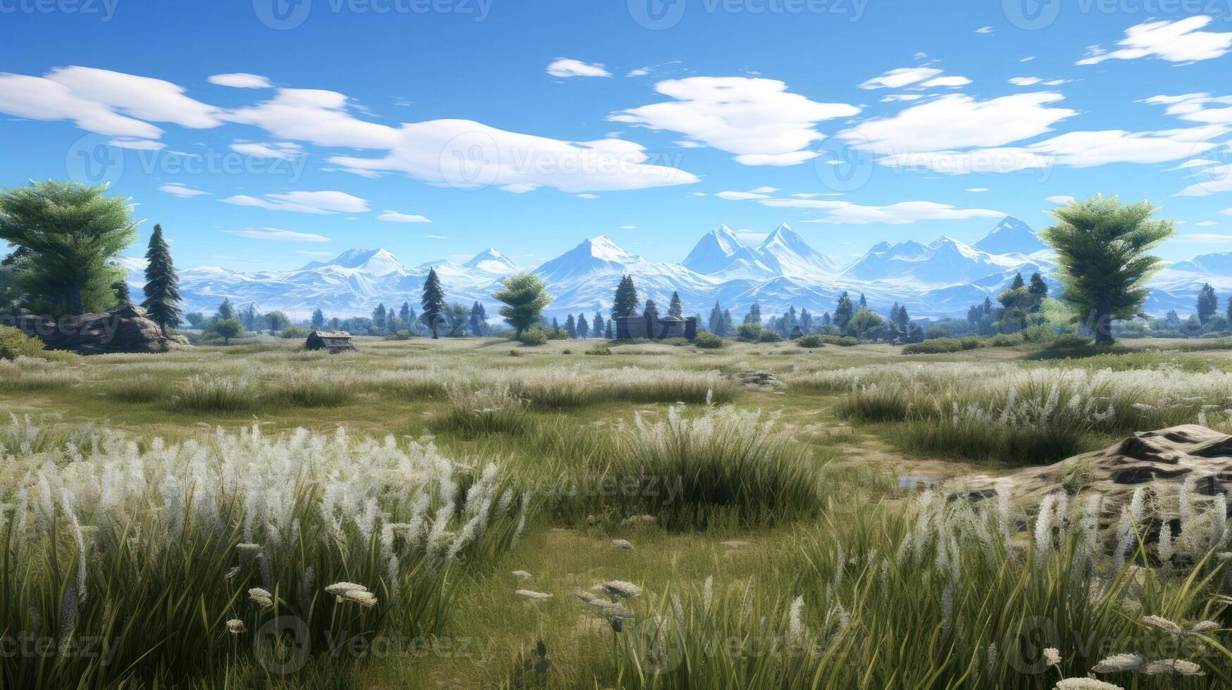 Lush meadow with distant mountain peaks under a bright sky. photo