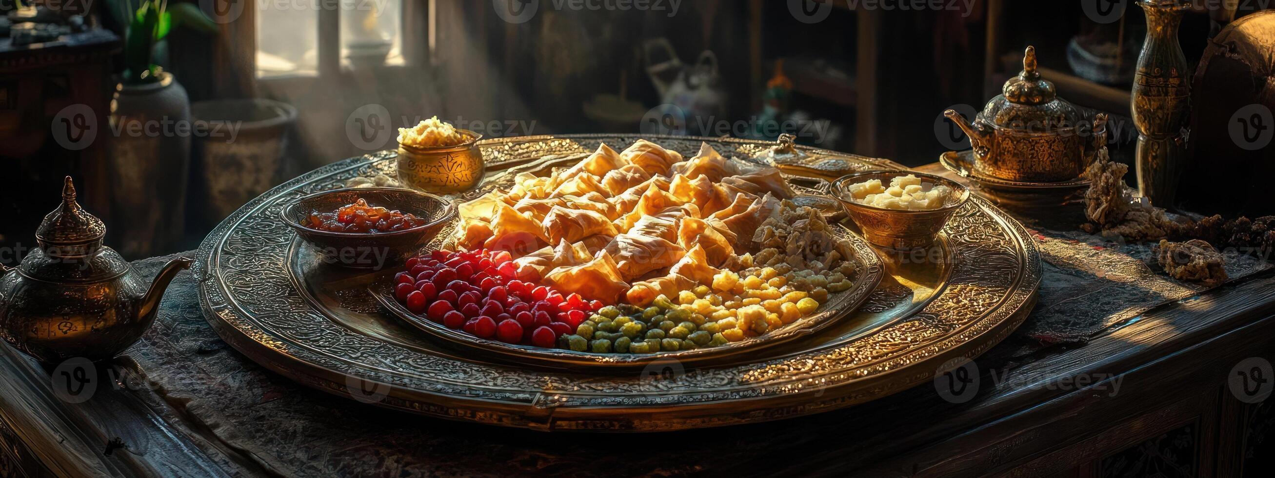 Exquisite sweets and fruits on a decorative plate. photo