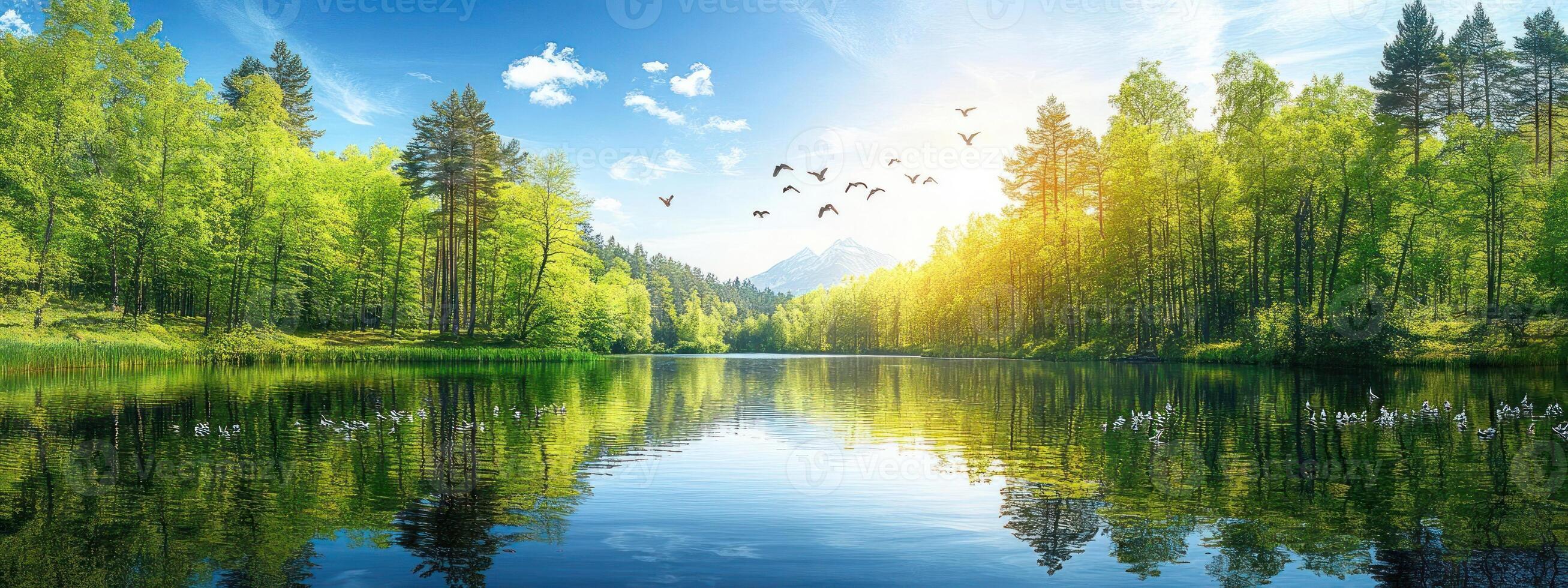 Tranquil lake reflecting lush forest and bright sunlight. photo
