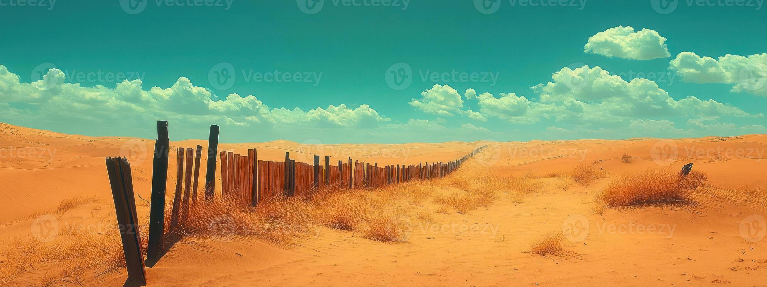 Desert landscape with a weathered fence under a green sky. photo