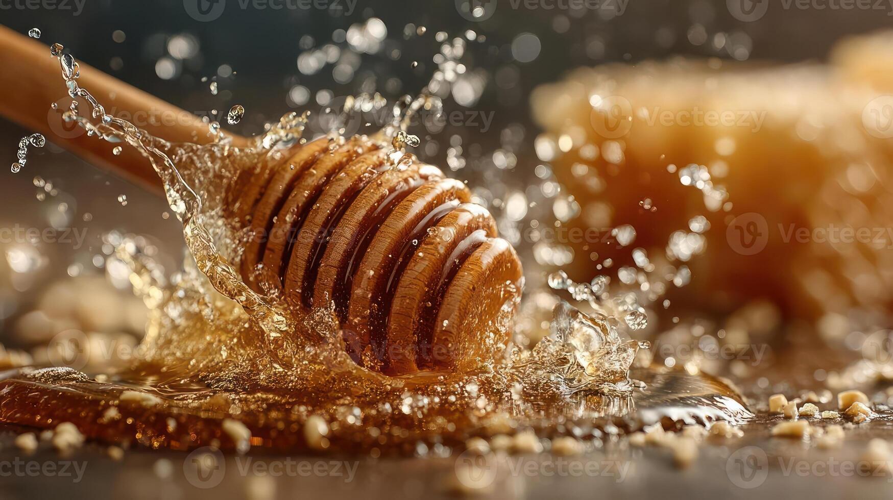 Honey dipper splash, golden sweetness, natural food photography. photo