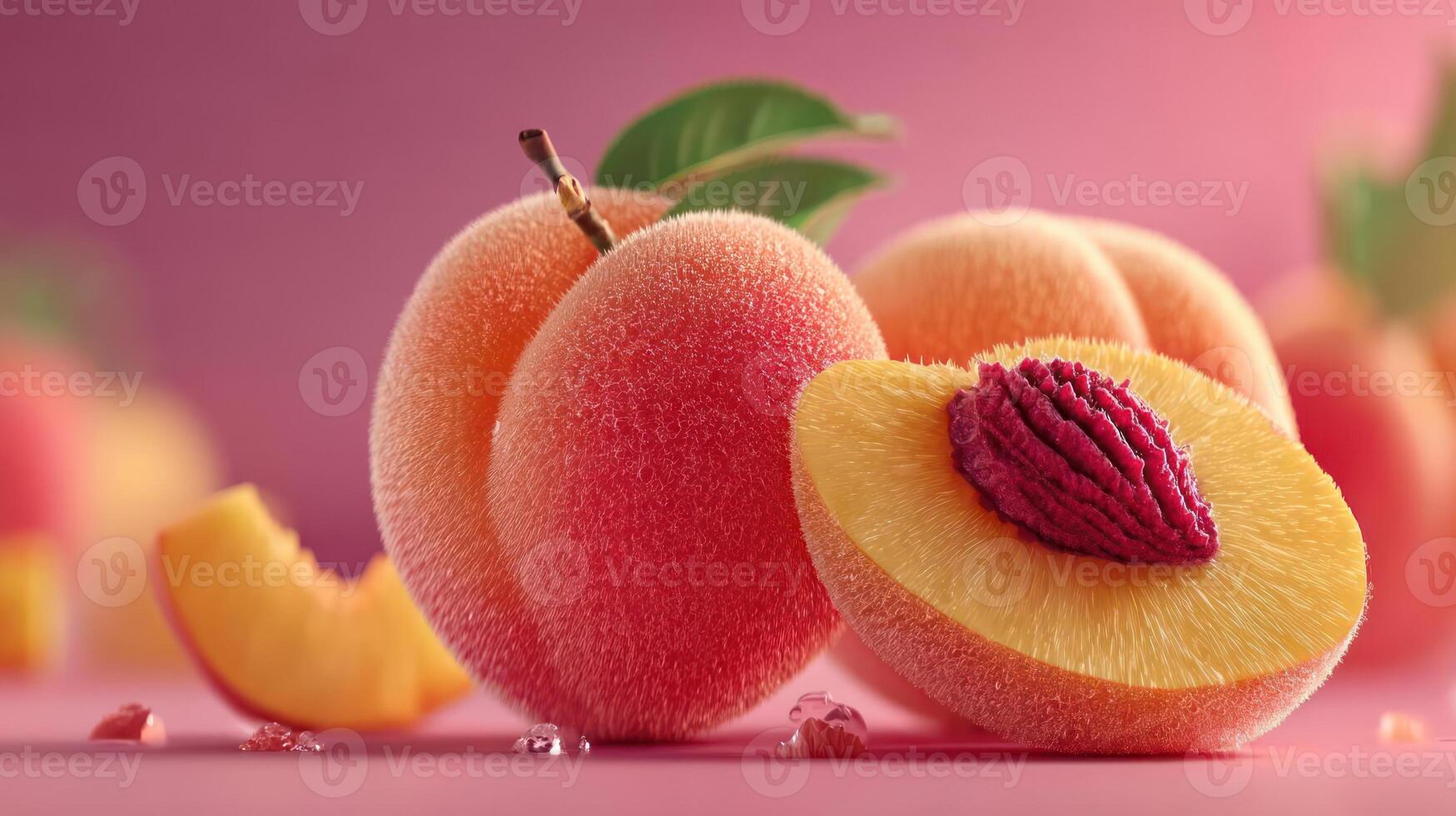 Juicy peaches, vibrant colors, fresh fruit, close-up still life. photo