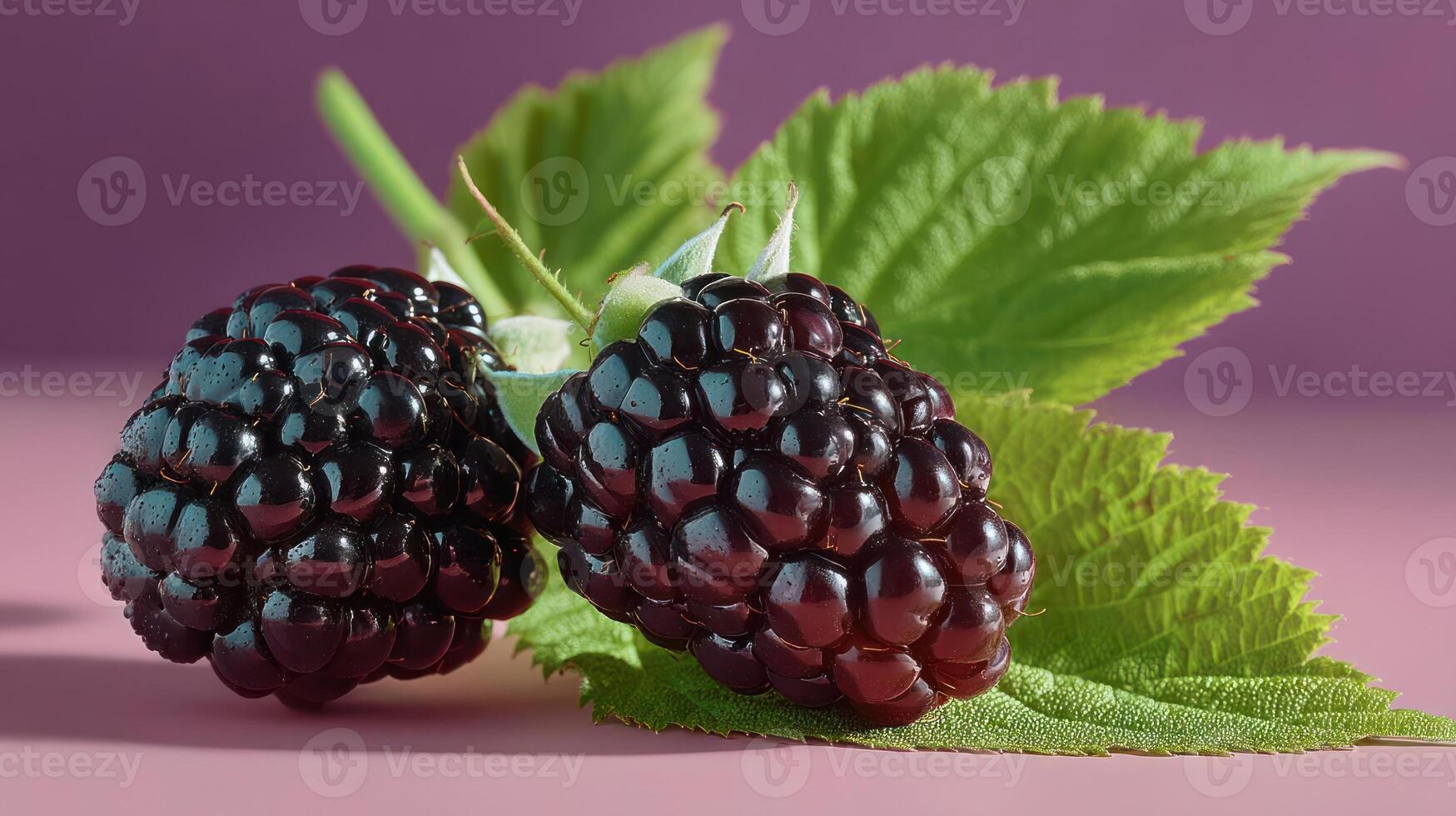 Two ripe blackberries with green leaves on a pink background. photo