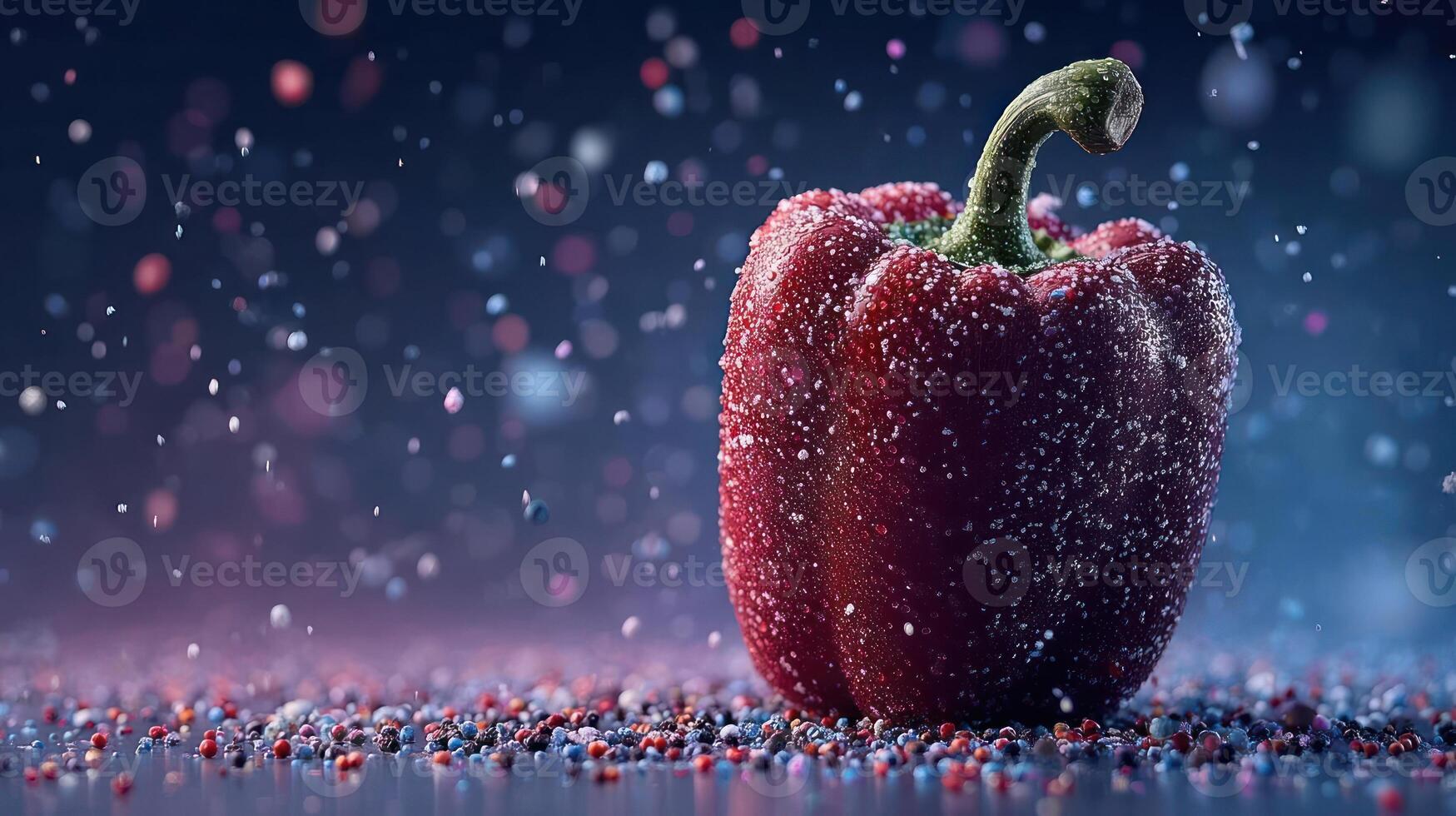 Vibrant red pepper with a frosty texture, dramatic lighting. photo