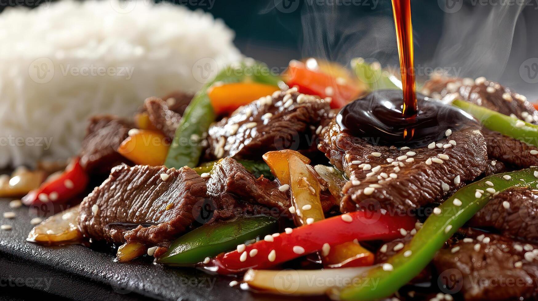 Beef stir-fry with sesame seeds and rice. photo