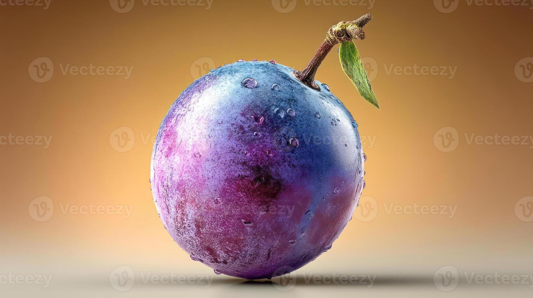A vibrant plum with a stem, captured in a close-up shot. photo