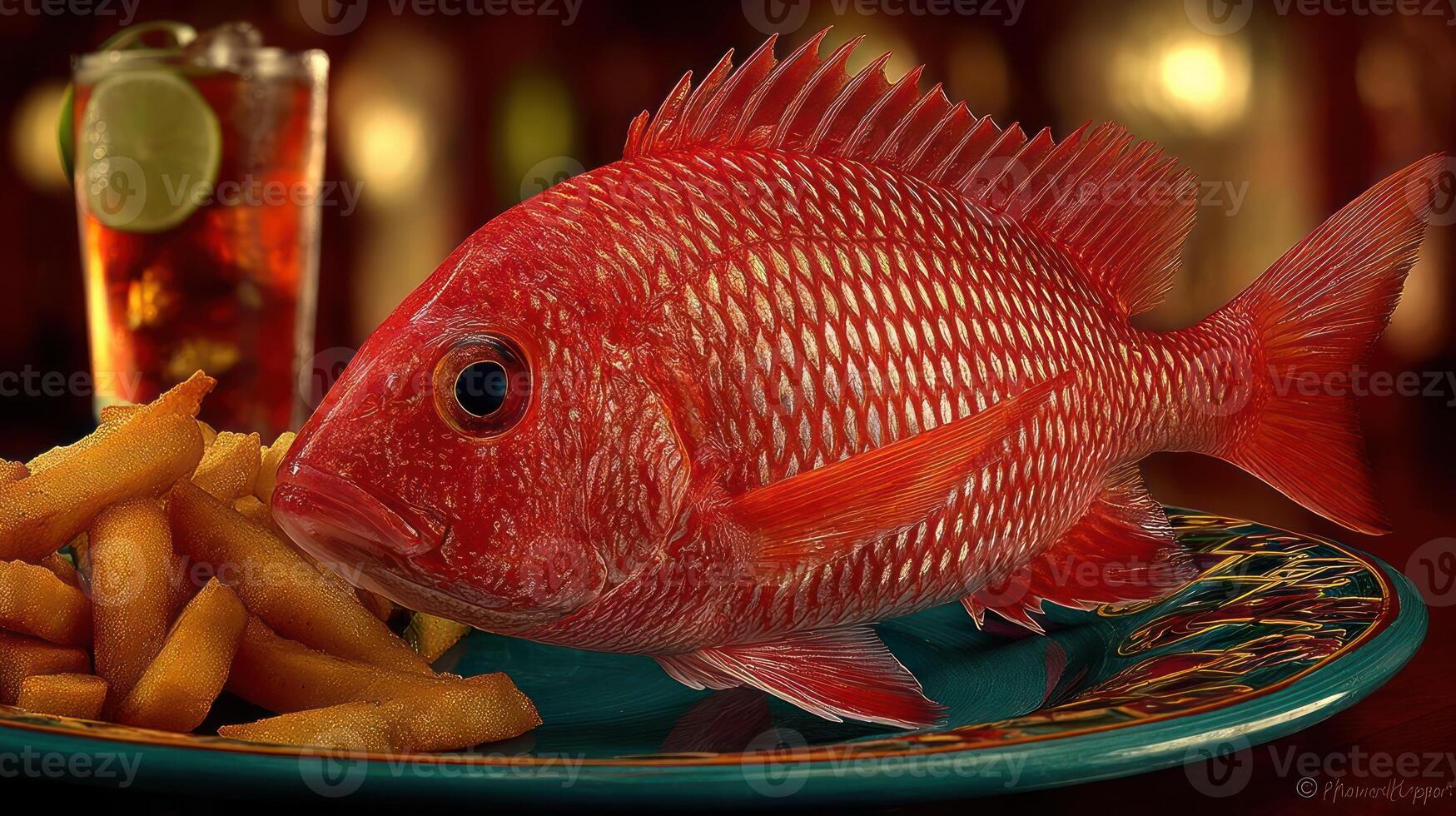 A vibrant red fish enjoys a plate of fries. photo