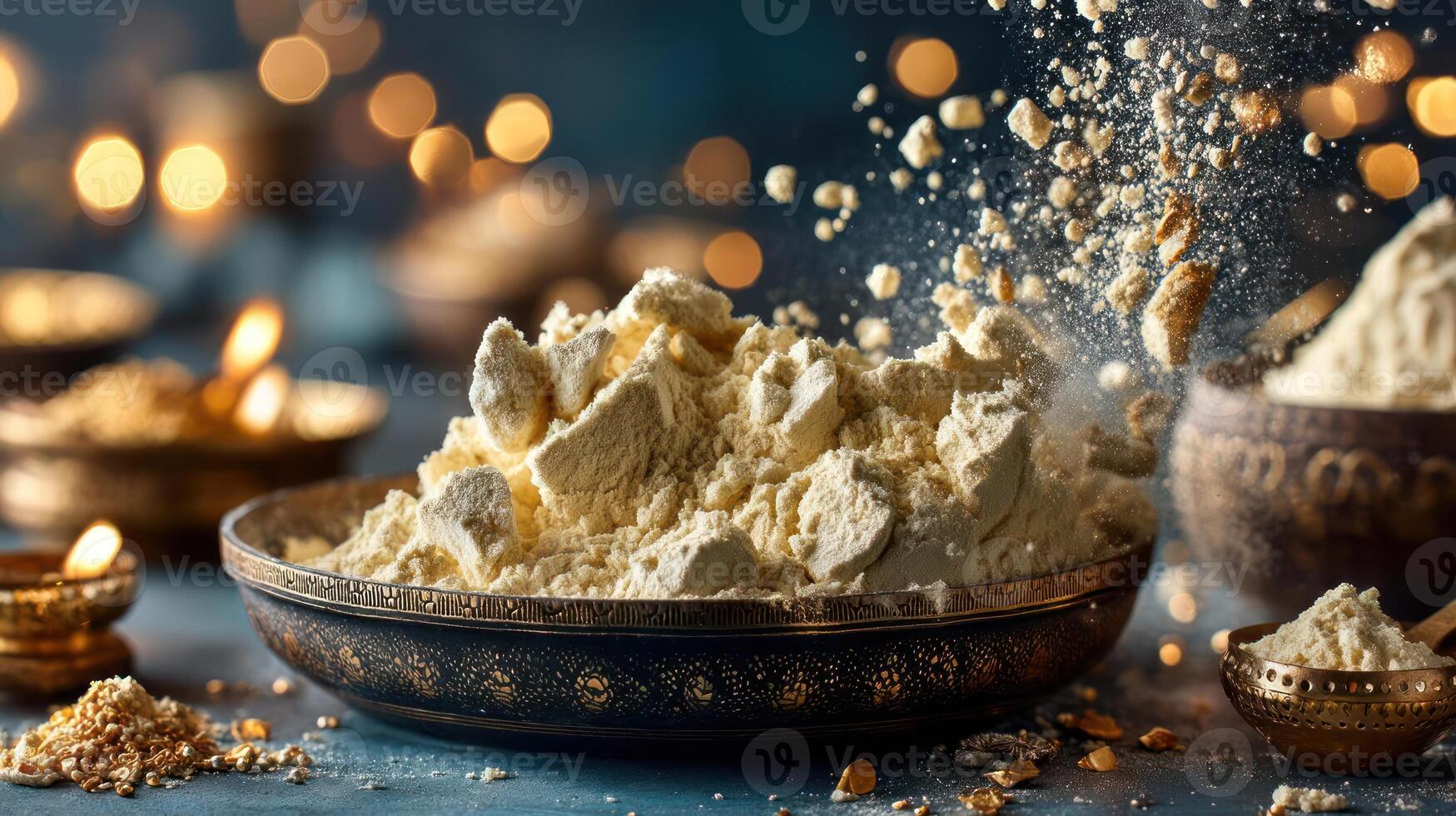 Powdered spices in a bowl, golden light, festive mood. photo
