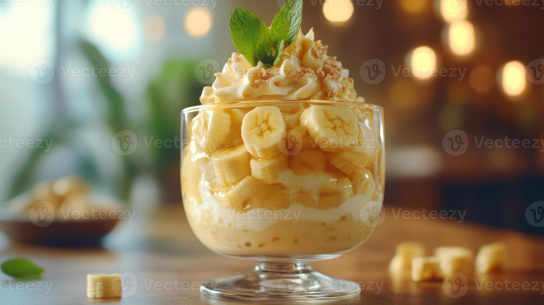 Creamy banana pudding dessert in a glass bowl. photo