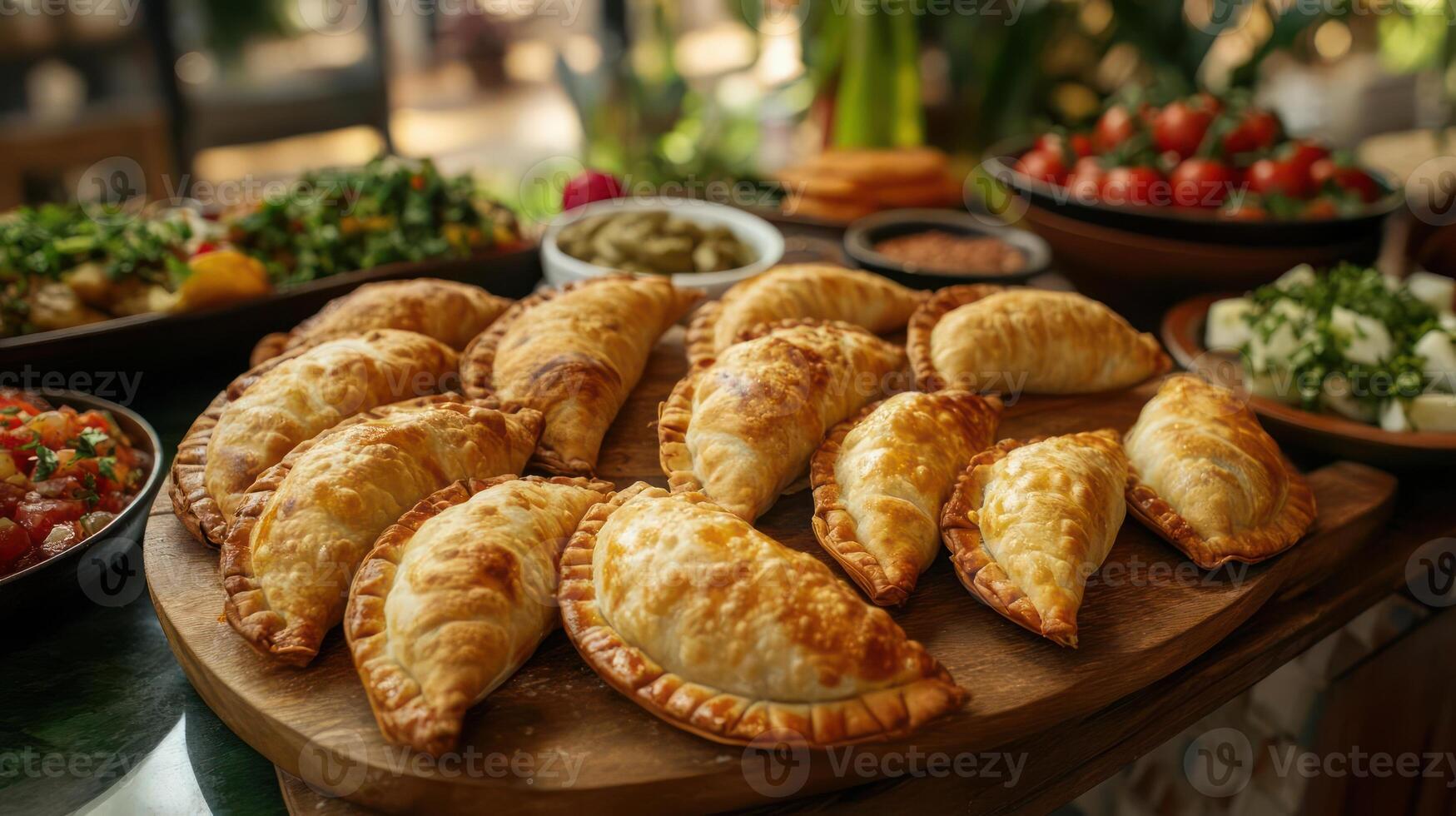 Delicious empanadas arranged on a wooden platter with fresh toppings. photo