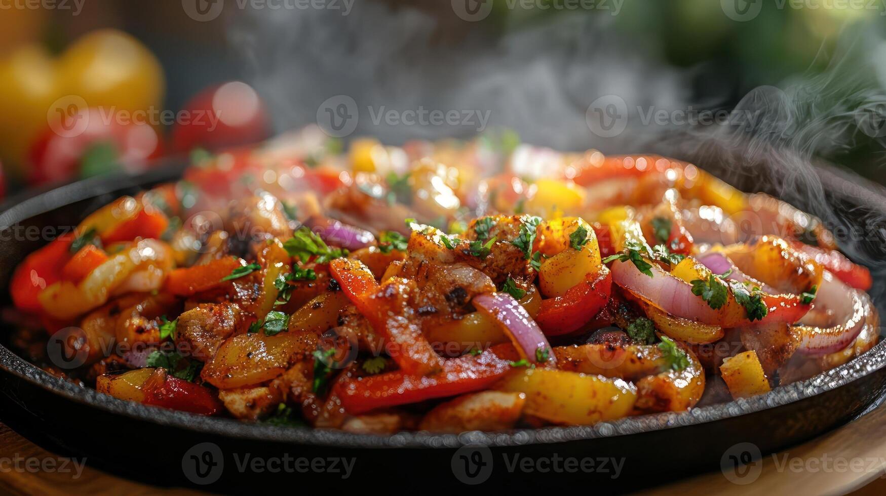 Spiced peppers in a sizzling pan, delicious and vibrant. photo