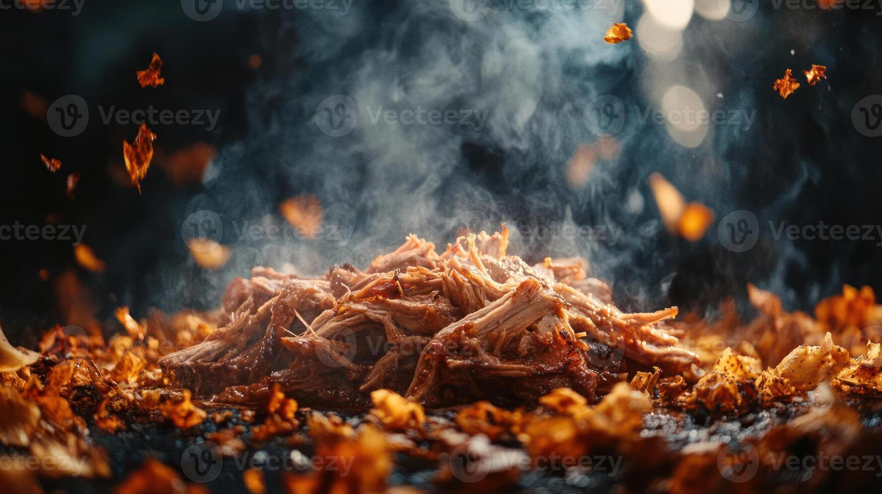 Smoked pulled pork, delicious BBQ, savory, smoky, close-up photo