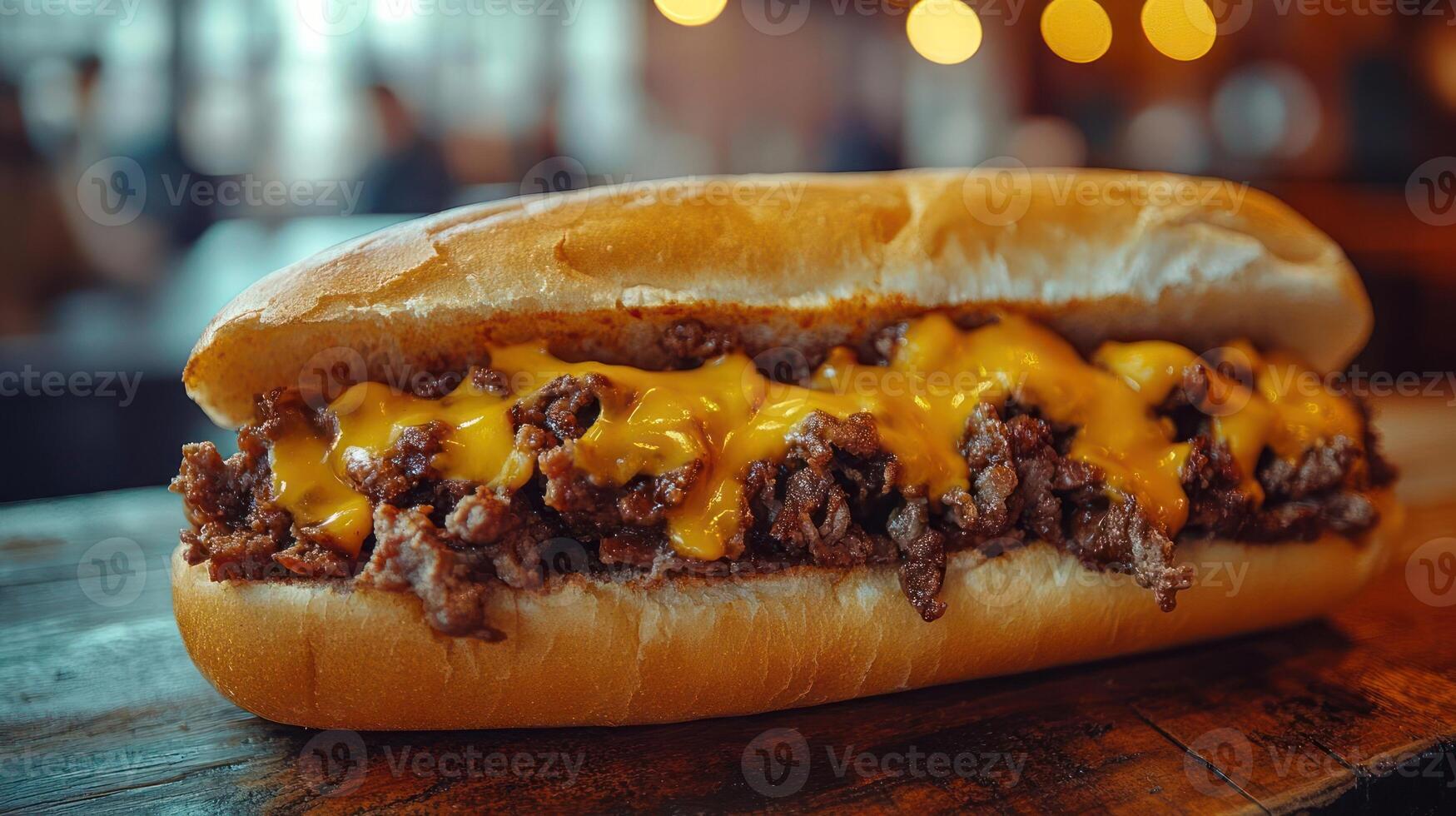 Delicious cheesesteak sandwich with melted cheese and seasoned beef. photo