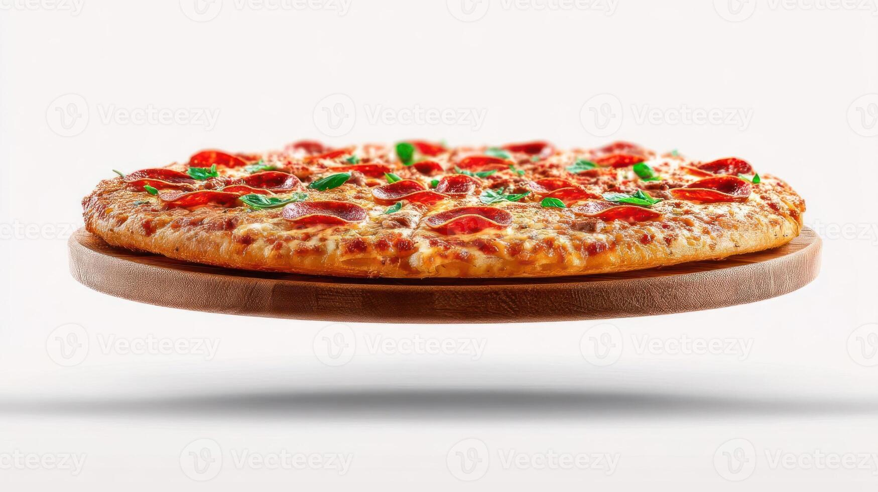 Delicious pepperoni pizza on a wooden board. photo