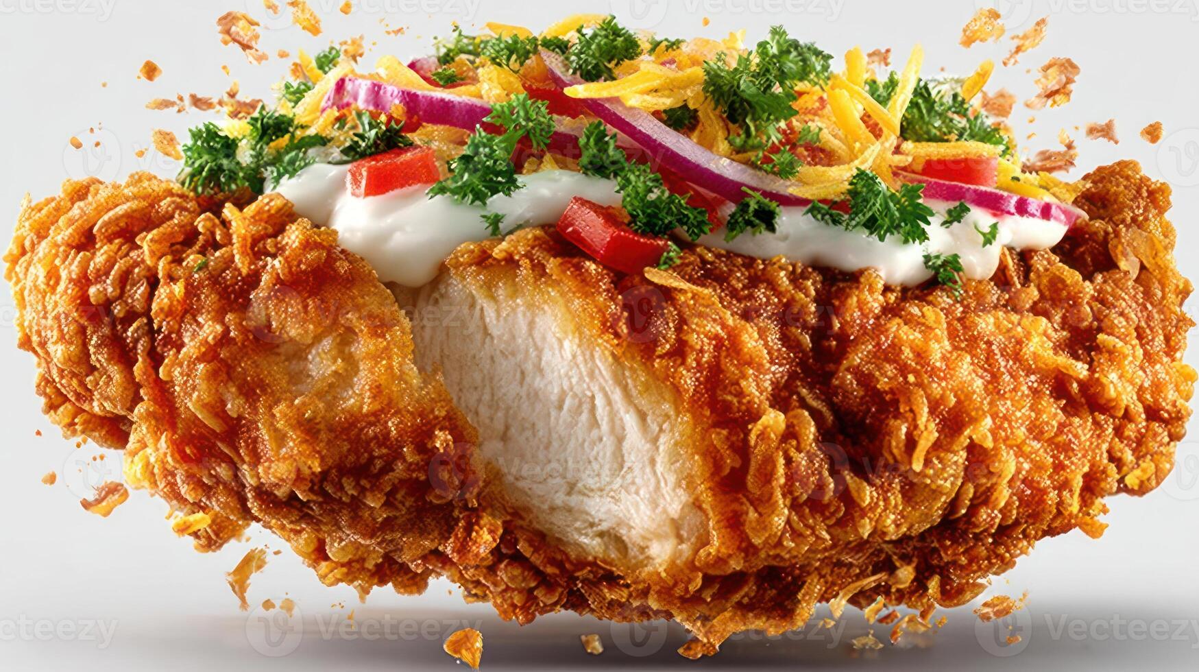 Crispy fried chicken with toppings, delicious and appetizing. photo