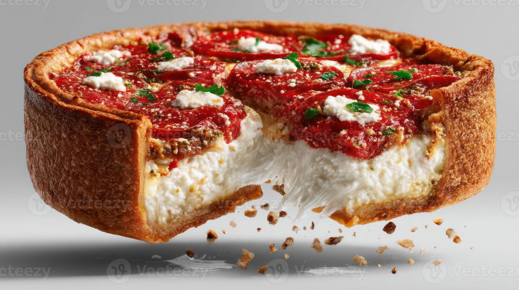 Delicious deep-dish pizza with a slice missing. photo