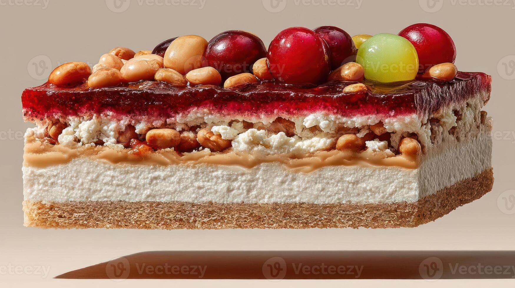 Detailed view of a layered dessert with fruit and nuts. photo