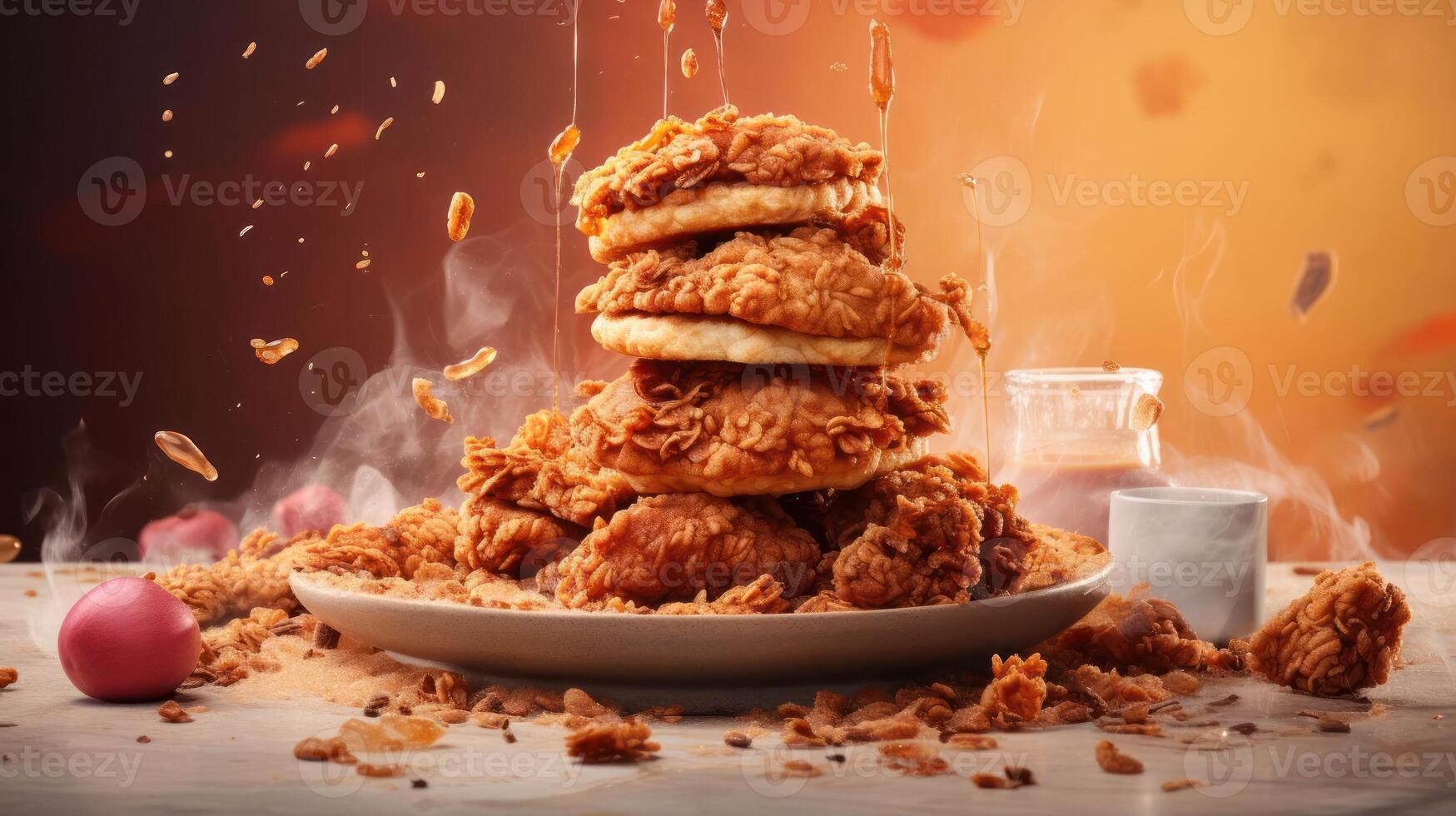 Stacked fried chicken with peanuts and dipping sauce. photo