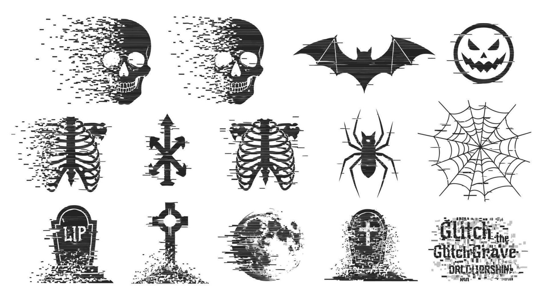 Halloween Glitch Set with Skull, Bat, and Spider. vector